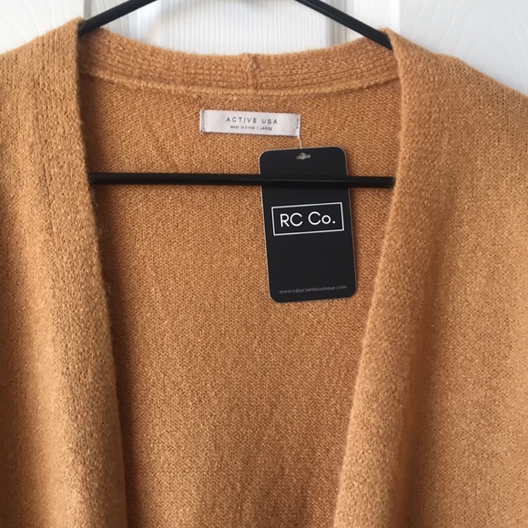 Mustard Ribbed Accent Open Front Cardigan - Picture 2 of 5